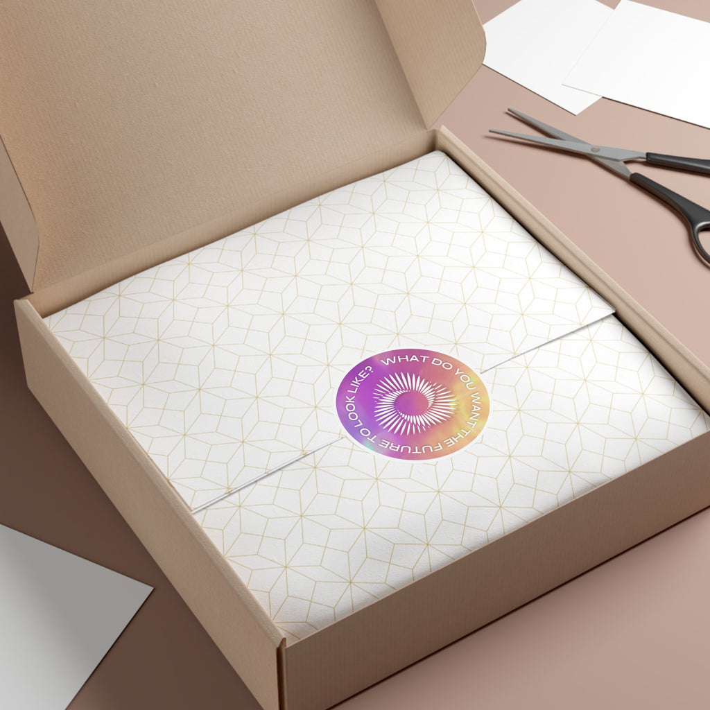 Round Vinyl Sticker — "What Do You Want the Future to Look Like?" Gradient Sunburst