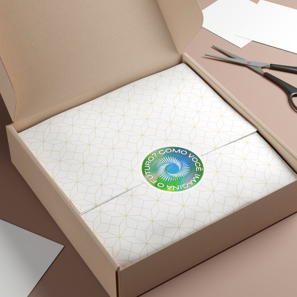 Portuguese 'Como Você Imagina o Futuro?' Round Vinyl Sticker — Green Blue Sunburst Design