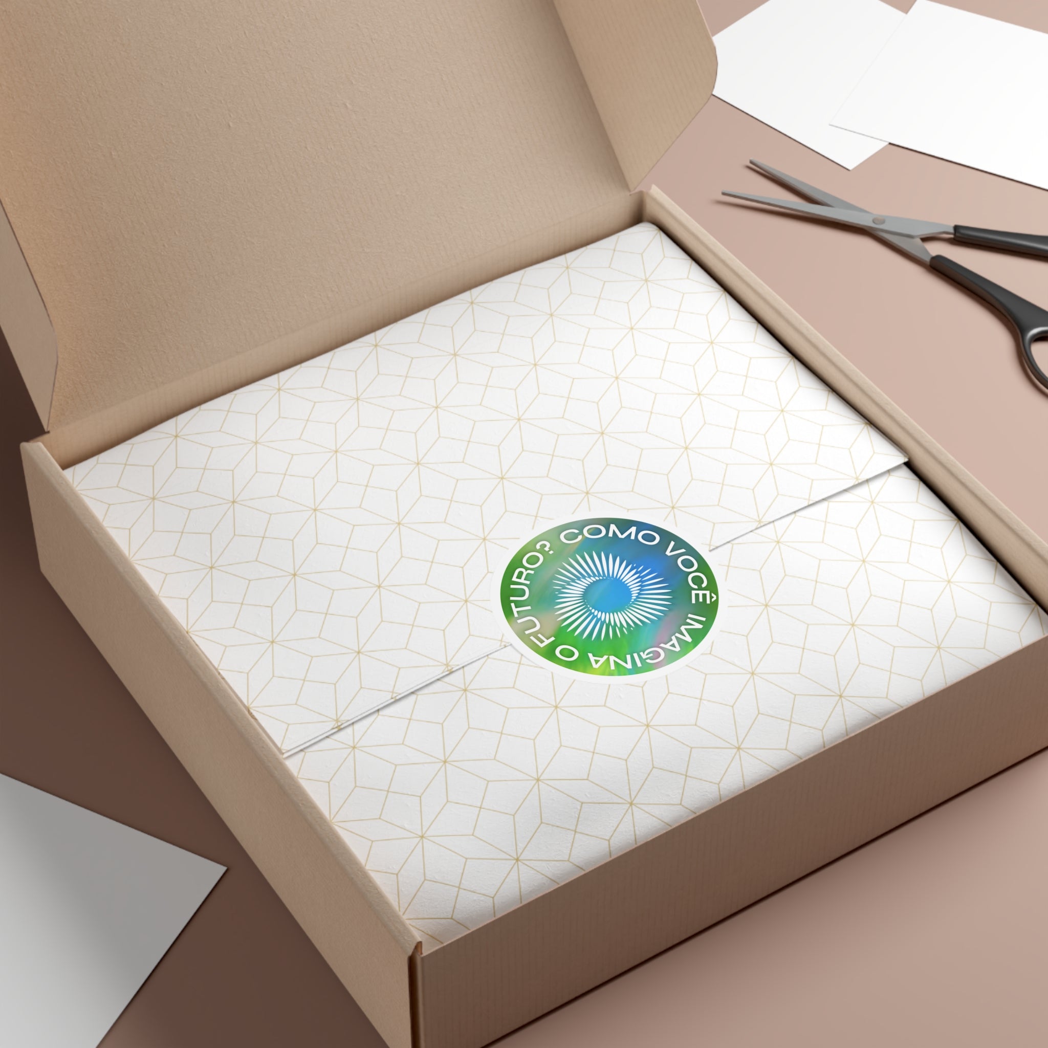 Portuguese 'Como Você Imagina o Futuro?' Round Vinyl Sticker — Green Blue Sunburst Design